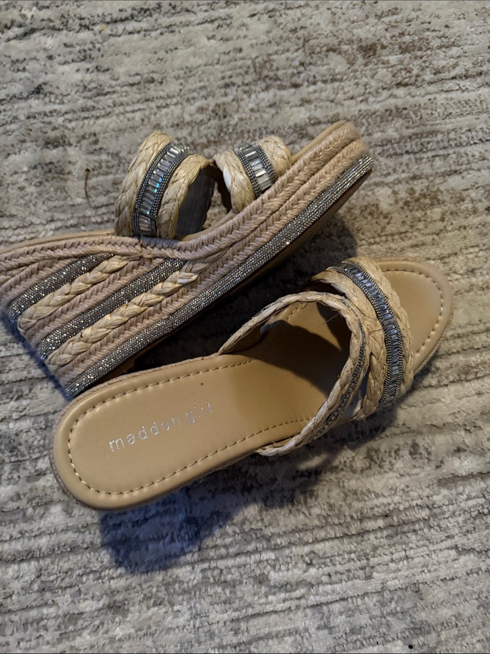 Madden Girl Neutral Braided Espadrille Slide Sandals with Metallic Trim